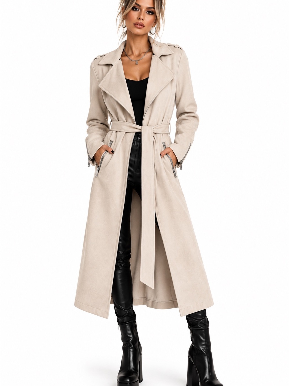NWT Tahari Faux Suede Draped Belted Trench Coat Jacket Beige